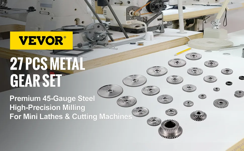 VEVOR mini lathe gears set arranged on a workshop table with milling machines.