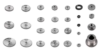 assorted VEVOR mini lathe gears arranged in rows and columns for display.