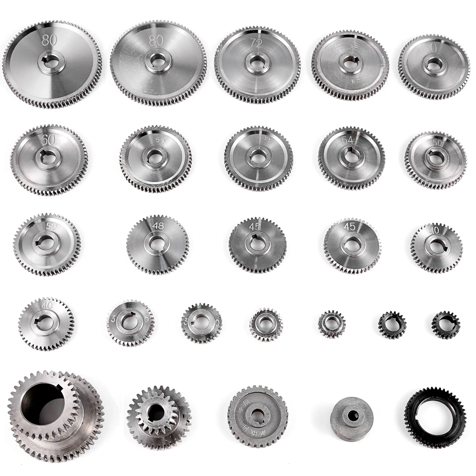 assorted steel gears of various sizes for VEVOR mini lathe on a white background.