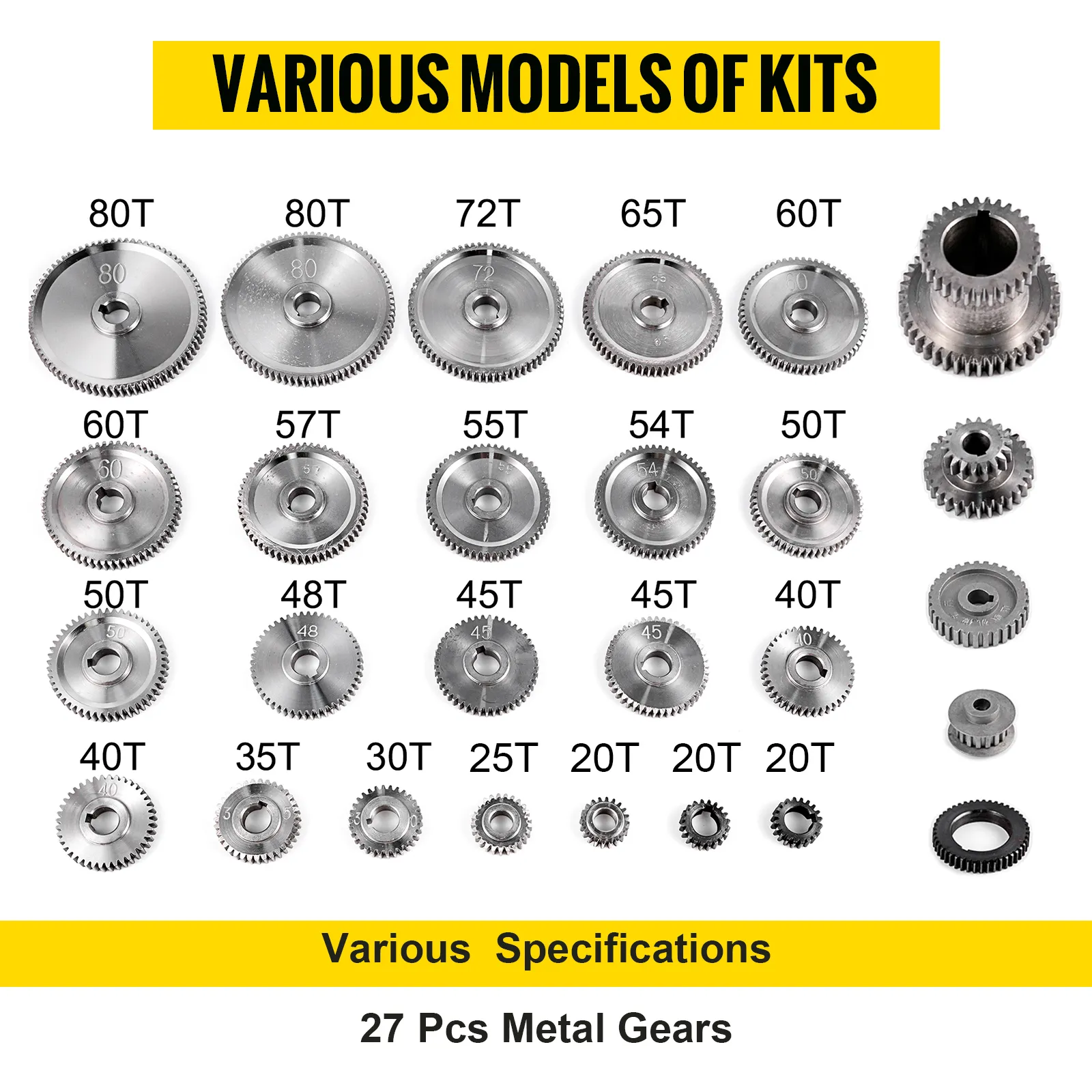 various metal gears in different sizes for VEVOR mini lathe gears kit, 27 pieces.