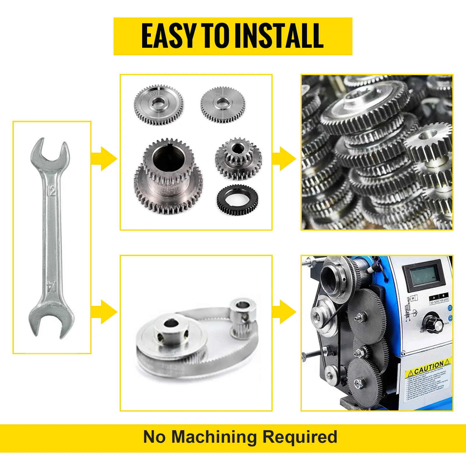 VEVOR mini lathe gears shown with wrench, gear set, and installation steps. easy to install.