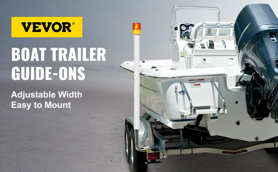 VEVOR boat trailer guide-ons with adjustable width and easy-to-mount features, shown with a boat.