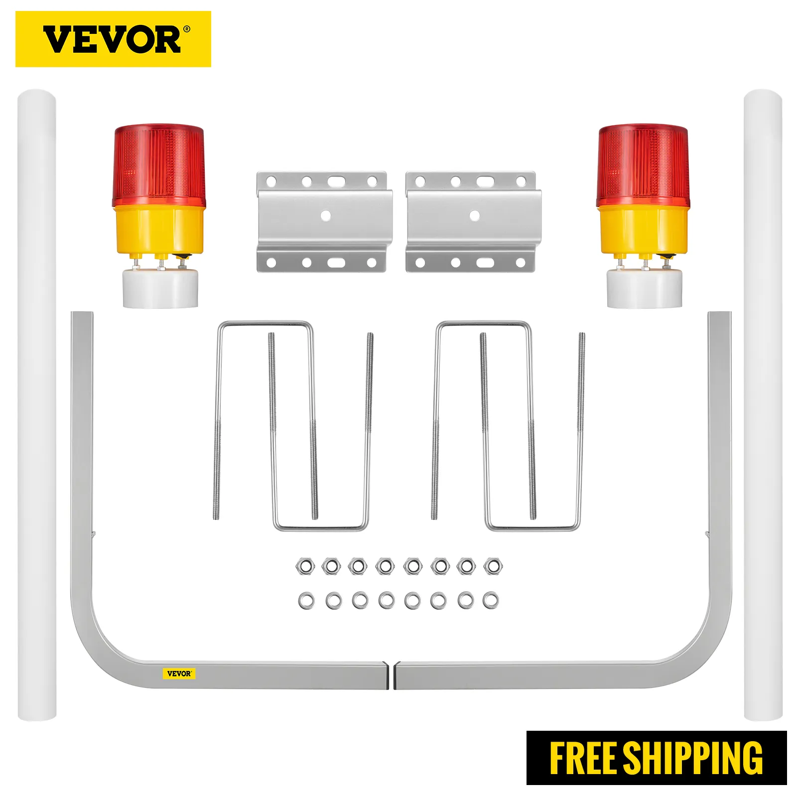 VEVOR boat trailer guide-on with accessories, side poles, red lights, and free shipping banner.