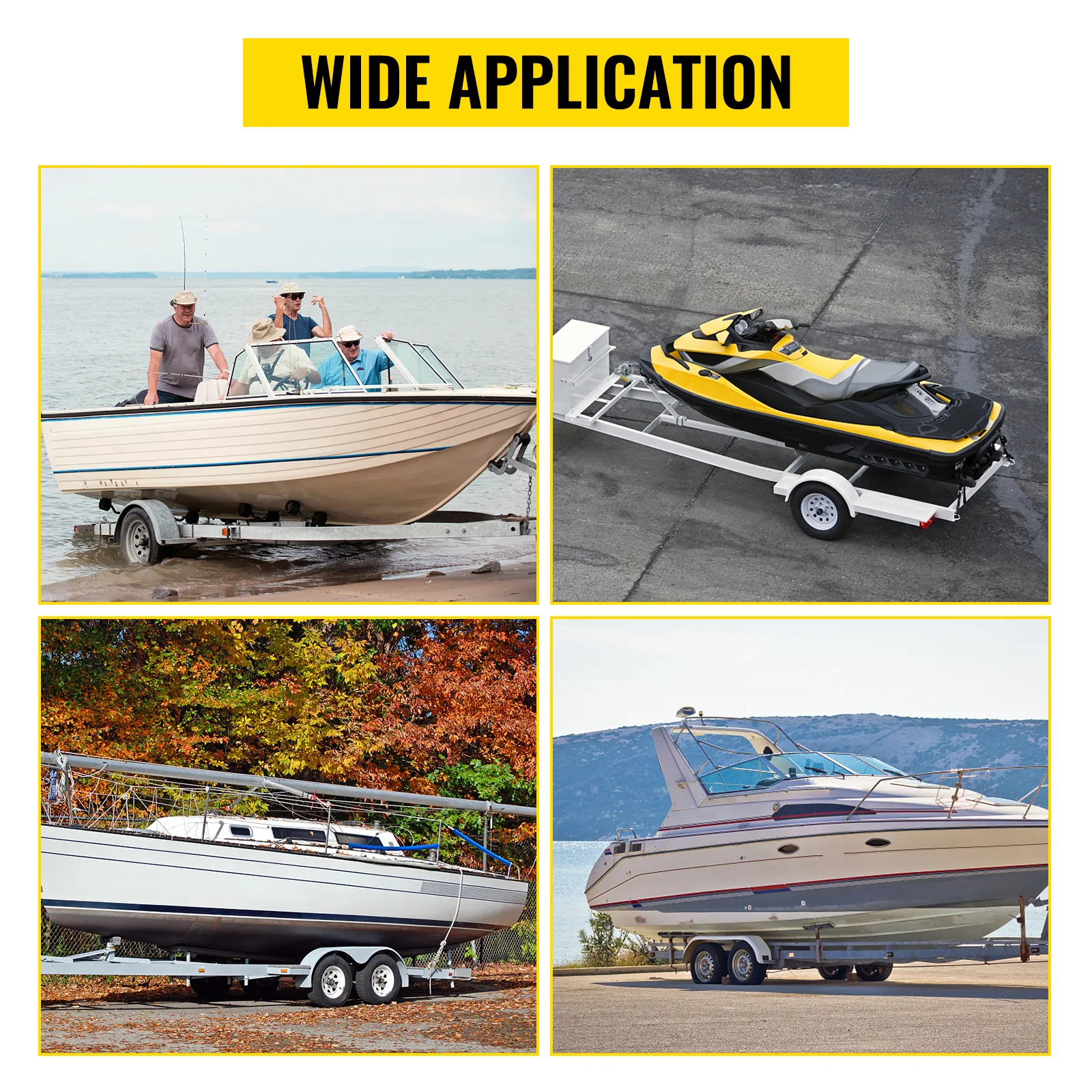 wide application of VEVOR boat trailer guide-on with various boat types in different settings.