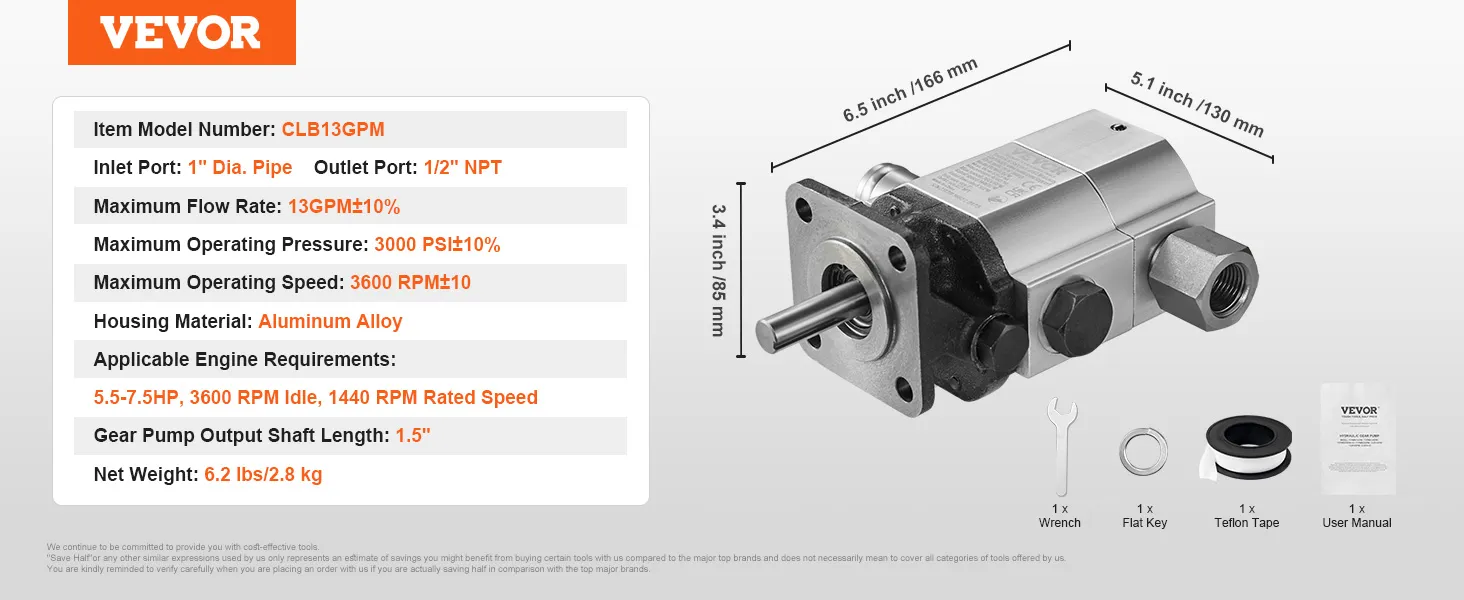 VEVOR hydraulic wood splitter pump with aluminum alloy housing and 13gpm flow rate.