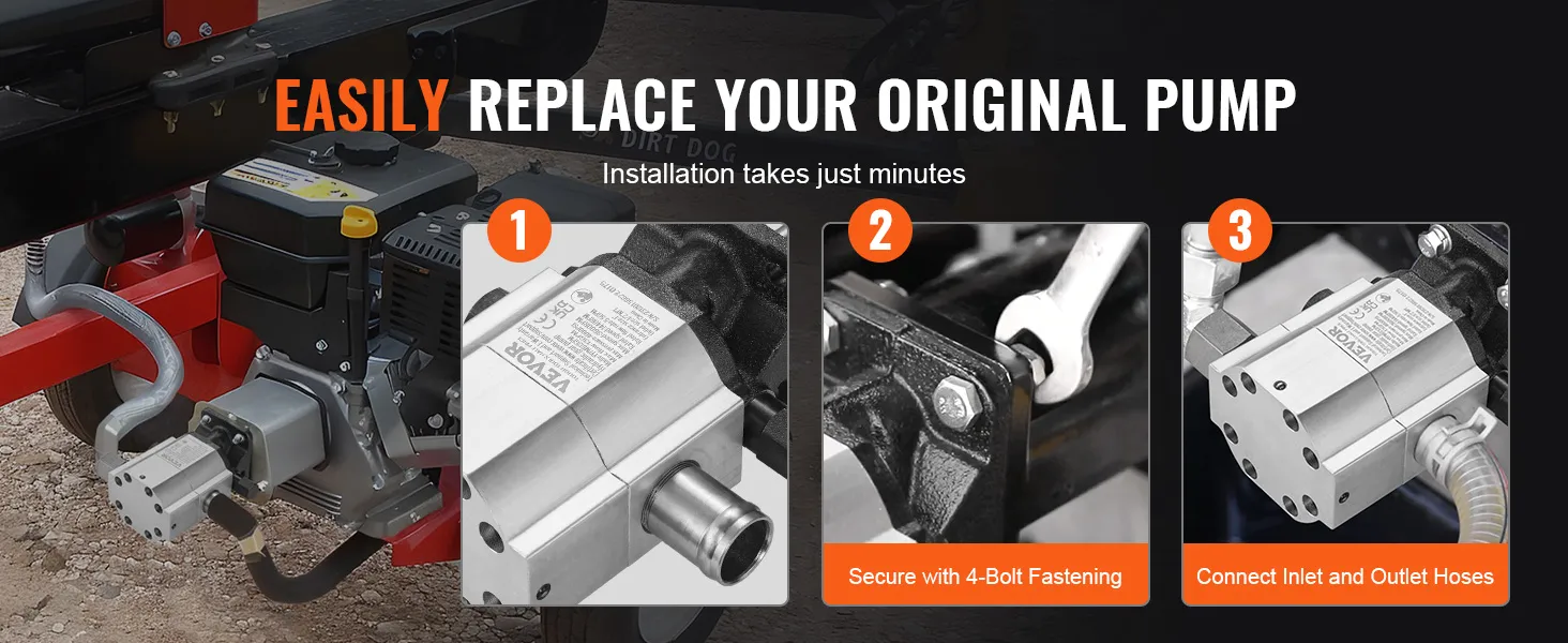 easily install VEVOR hydraulic wood splitter pump with 4-bolt fastening and hose connection.