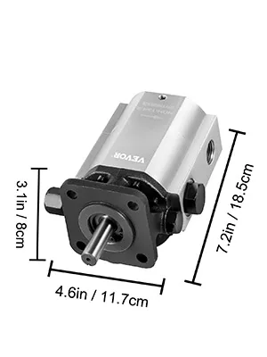 Bomba hidráulica VEVOR con dimensiones 4,6 pulgadas x 3,1 pulgadas x 7,2 pulgadas mostrada en una vista lateral.