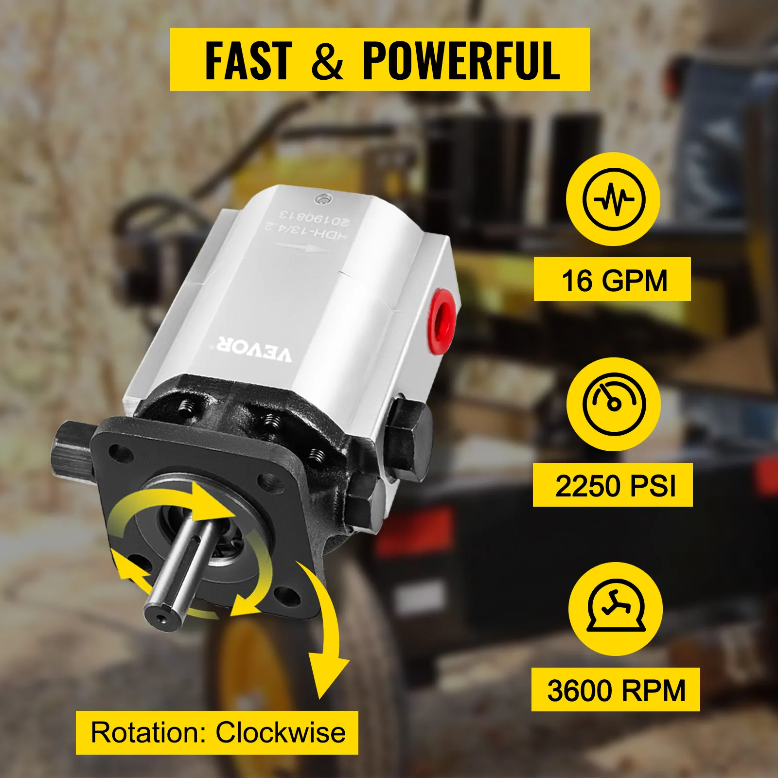 Bomba hidráulica VEVOR: 16 gpm, 2250 psi, 3600 rpm, rotación en sentido horario. Rápida y potente.