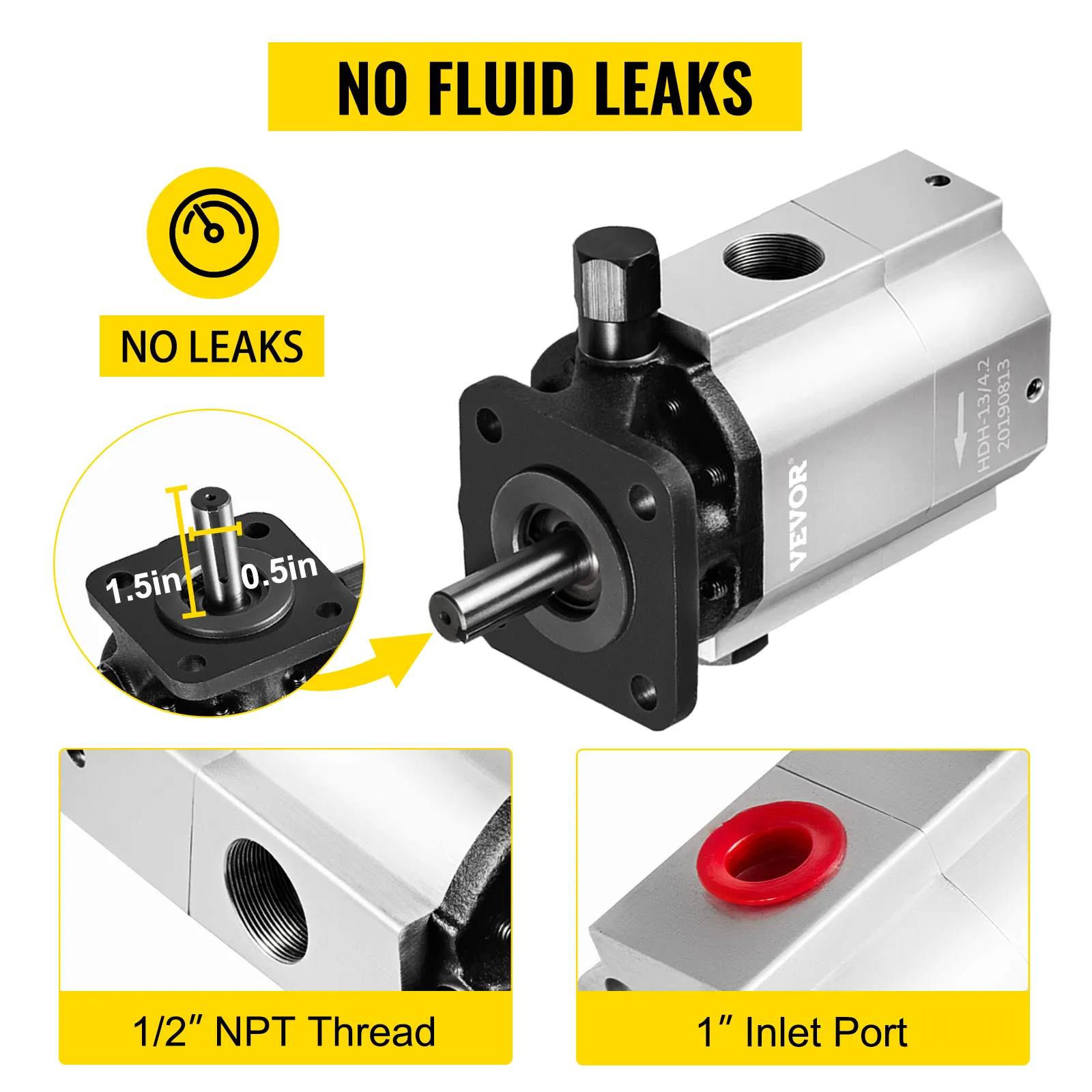 Bomba hidráulica VEVOR con rosca npt de 1/2" y puerto de entrada de 1", sin fugas de fluido.