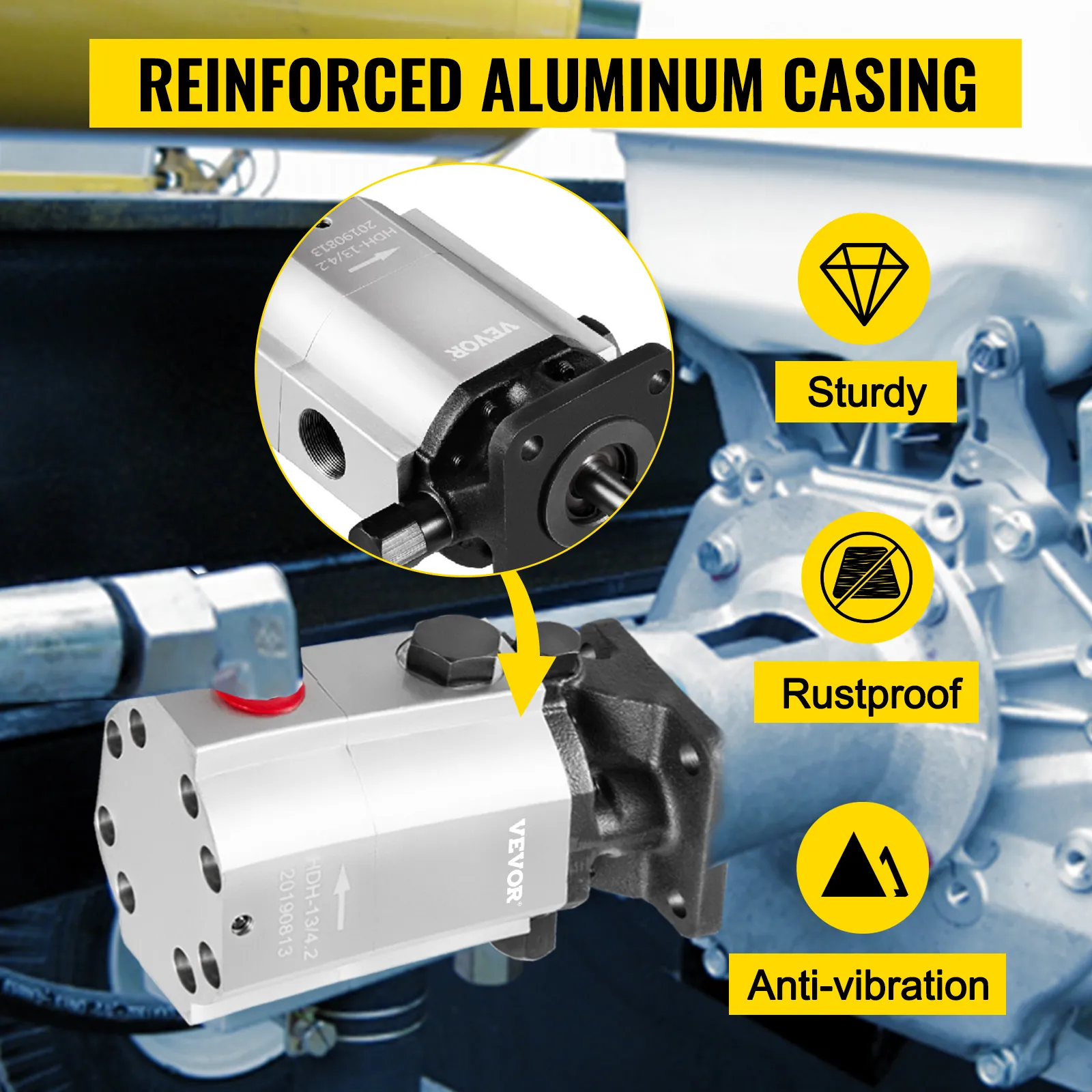 Bomba hidráulica VEVOR con carcasa de aluminio reforzado, robusta, resistente a la corrosión, antivibraciones.