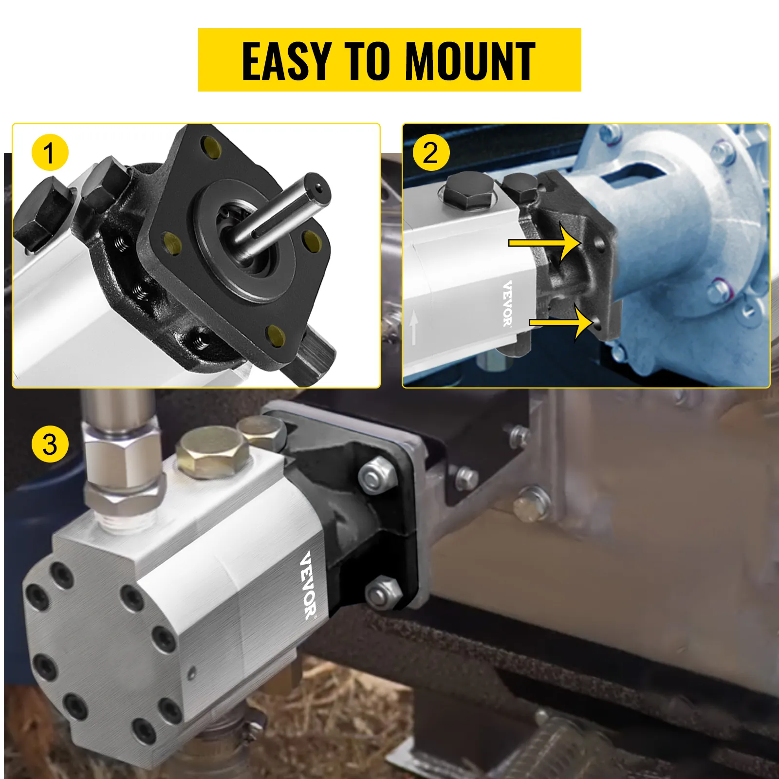 Bomba hidráulica VEVOR destacada con pasos de montaje para una fácil instalación.