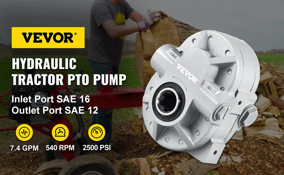 Bomba hidráulica VEVOR en uso con cortadora de madera; especificaciones: 7,4 gpm, 540 rpm, 2500 psi.