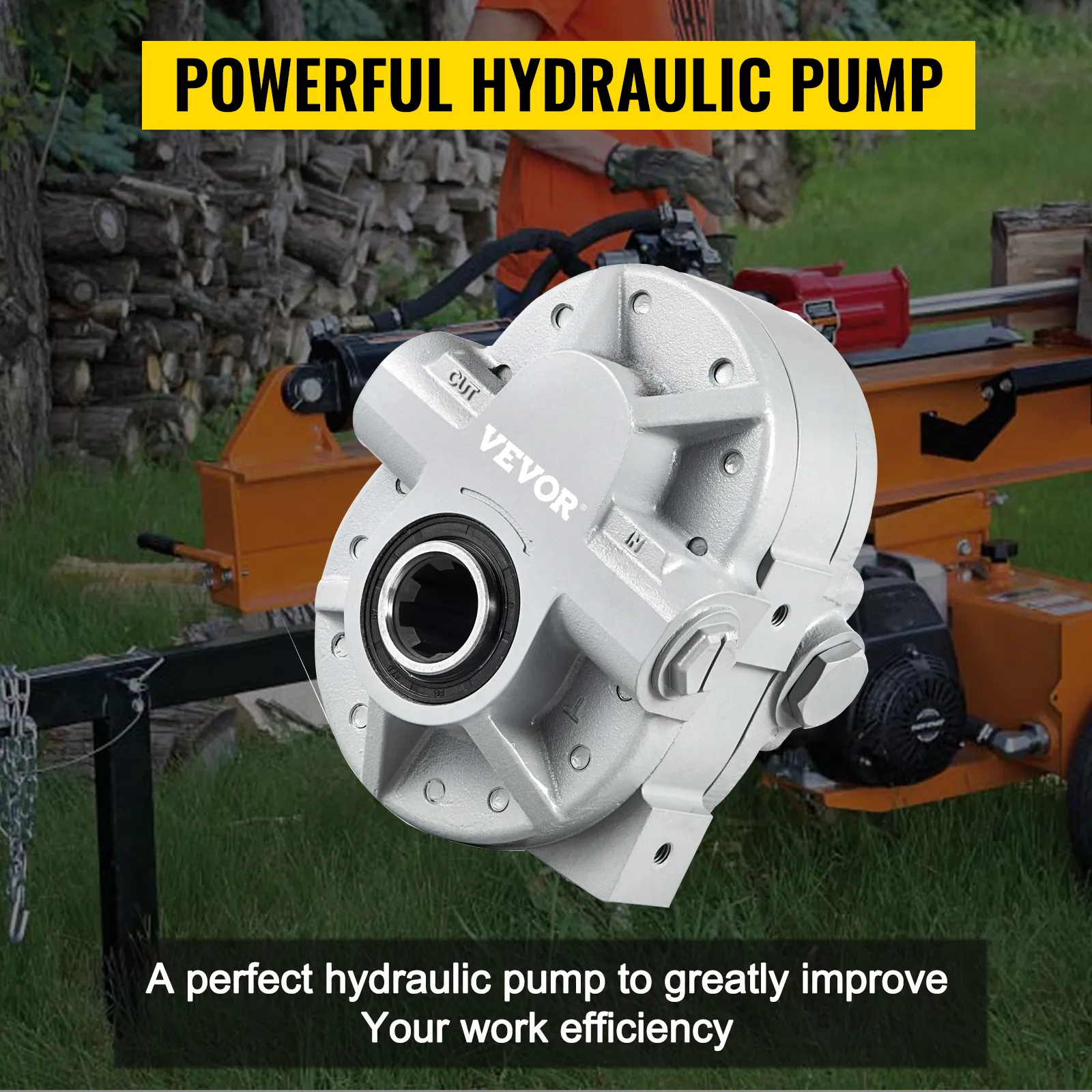 Bomba hidráulica VEVOR en uso con una cortadora de troncos, promoviendo la eficiencia en el trabajo.