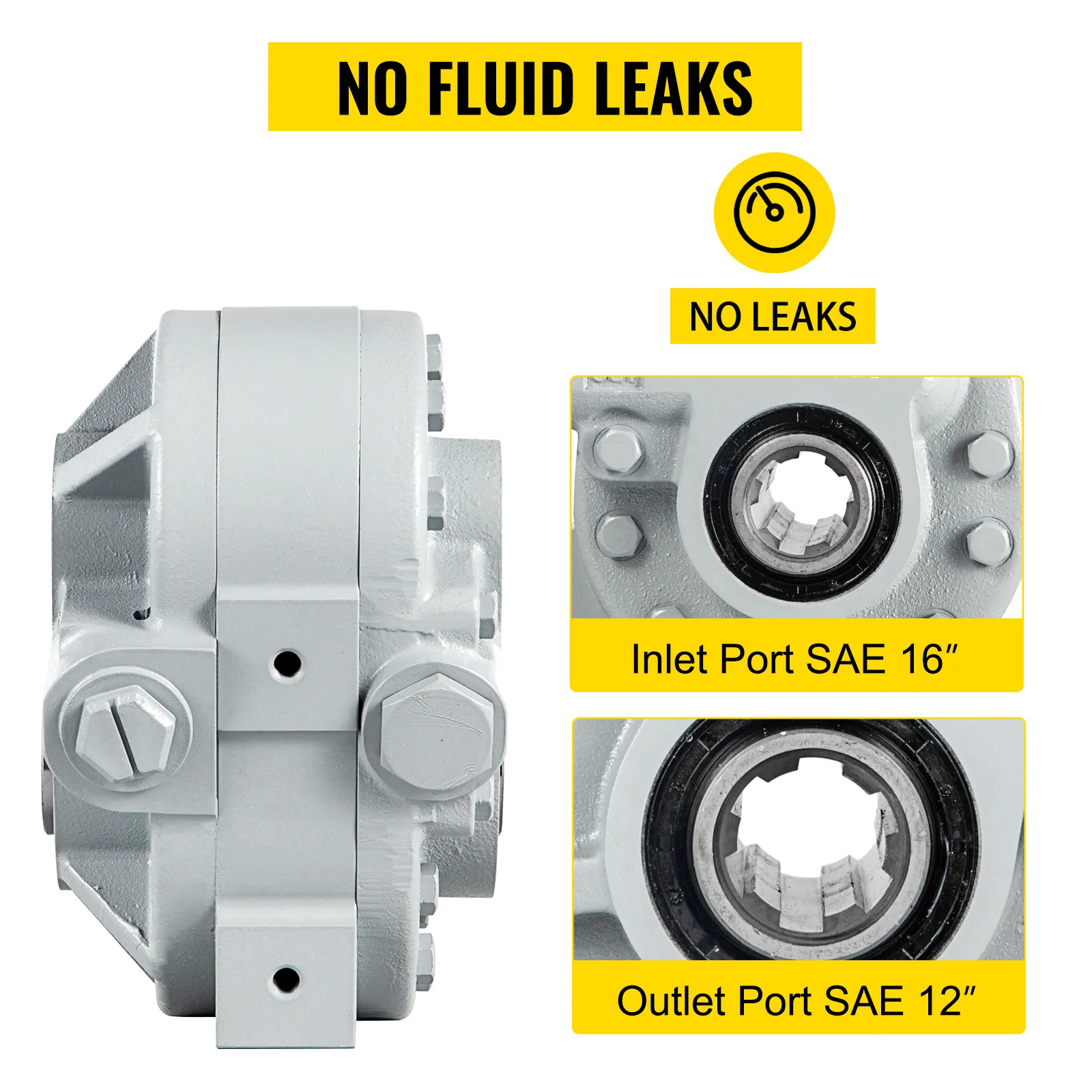 Bomba hidráulica VEVOR con entrada sae 16" y salida sae 12", sin fugas de fluido.