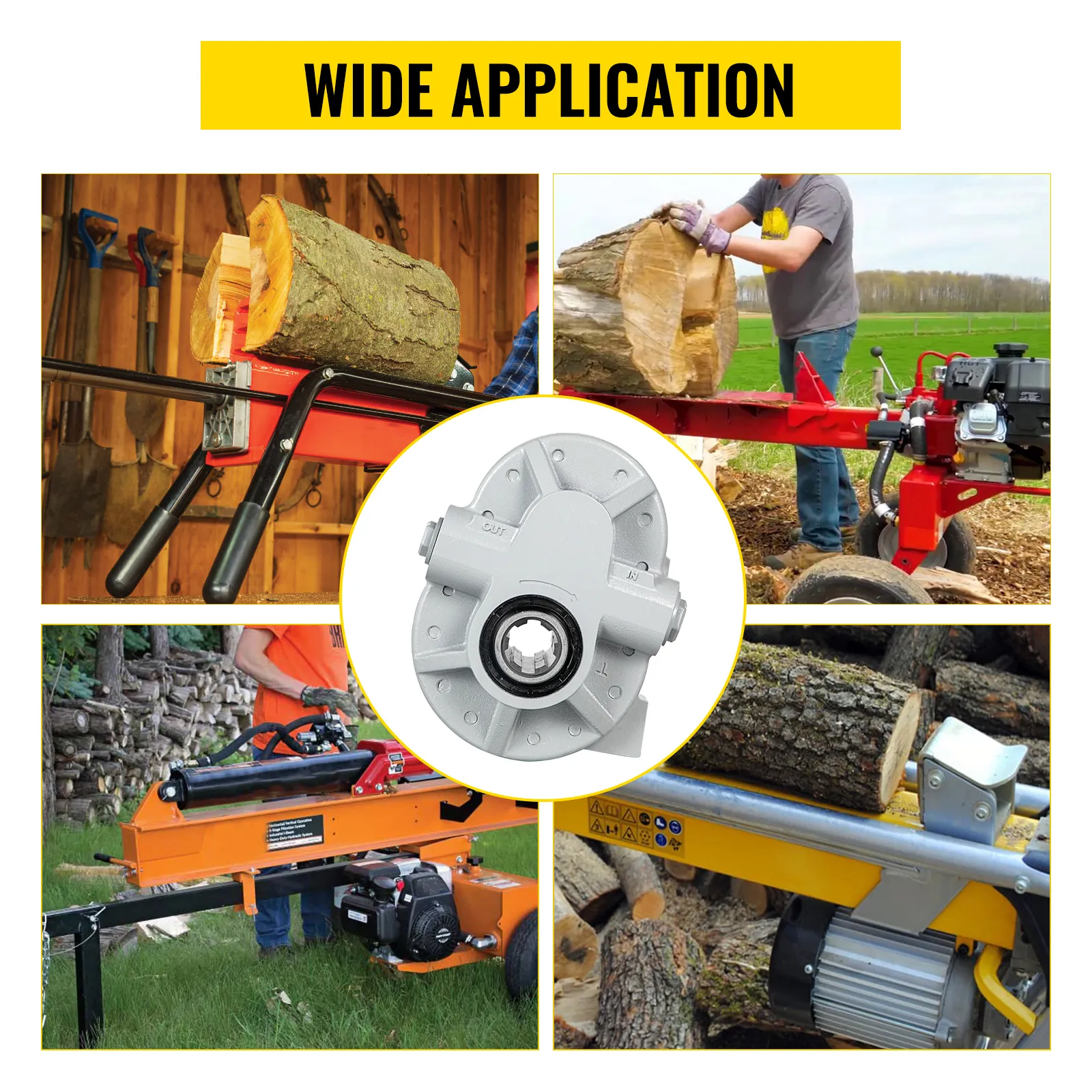 Bomba hidráulica VEVOR con múltiples partidores de troncos de madera que muestran una amplia aplicación.