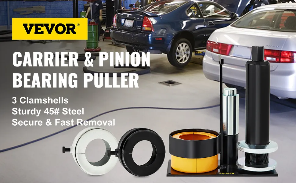 VEVOR carrier & pinion bearing puller with 3 clamshells in an auto workshop setting.