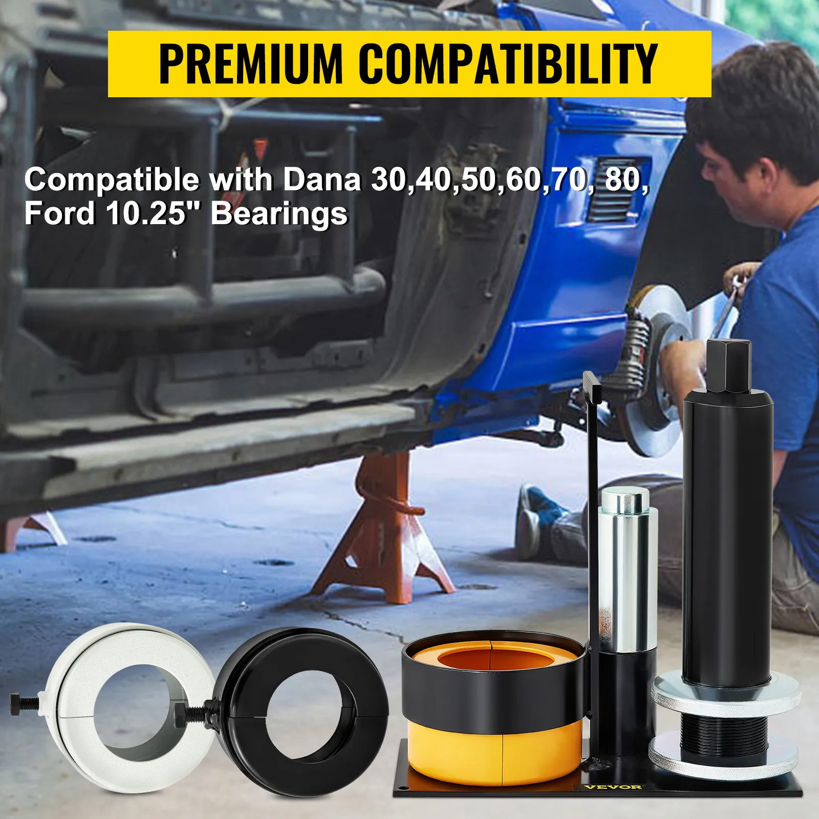 VEVOR carrier & pinion bearing puller for dana and ford bearings under a lifted car.