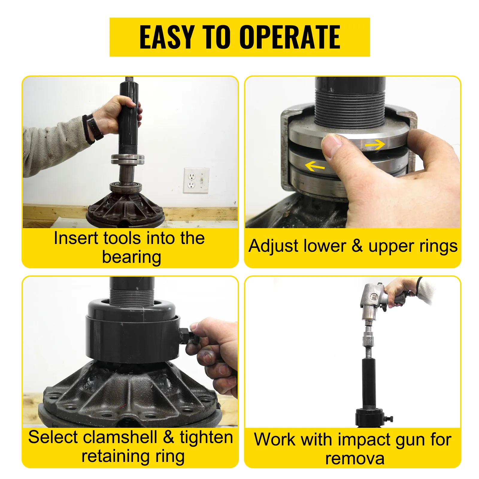 VEVOR carrier & pinion bearing puller instructions: insert tools, adjust rings, tighten, remove.