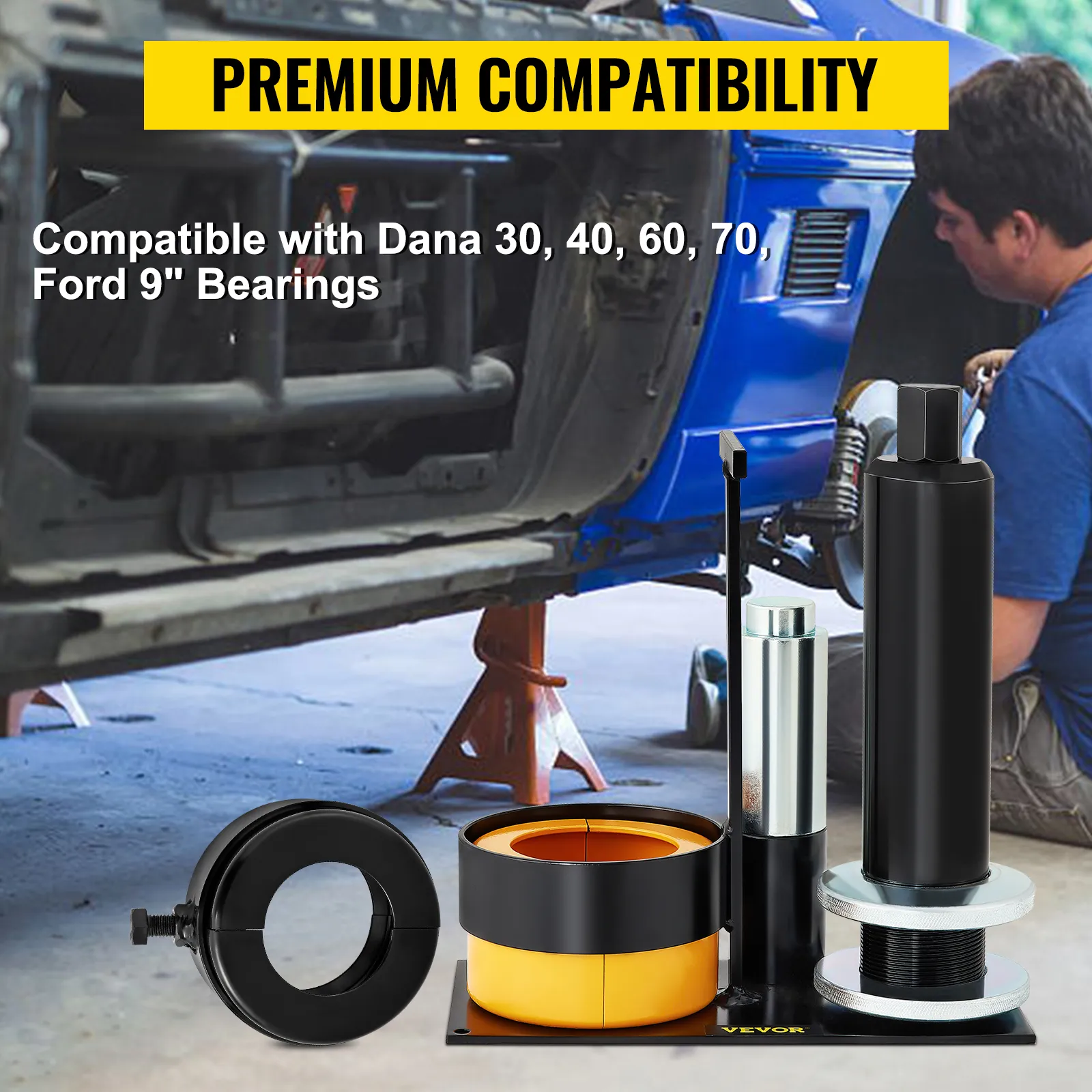 VEVOR pinion bearing puller compatible with dana and ford bearings, tools in foreground.