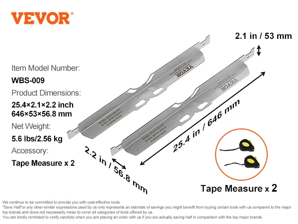 VEVOR wheel alignment tool, model wbs-009. dimensions: 25.4×2.1×2.2 inches. includes 2 tape measures.