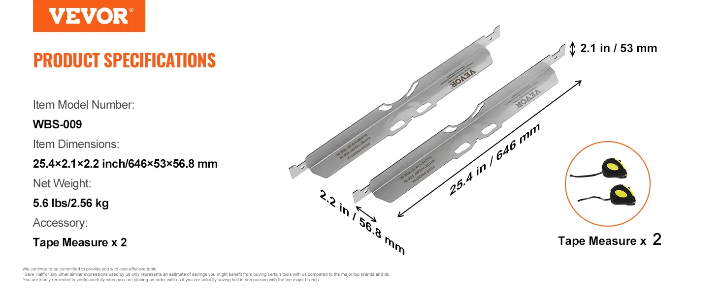 VEVOR wheel alignment tool, model wbs-009. dimensions: 25.4×2.1×2.2 inches. includes 2 tape measures.