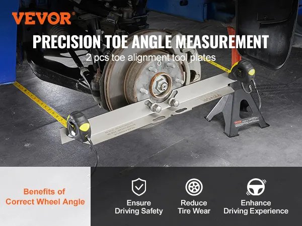 VEVOR wheel alignment tool measuring toe angle on a wheel with benefits of correct wheel angle displayed.