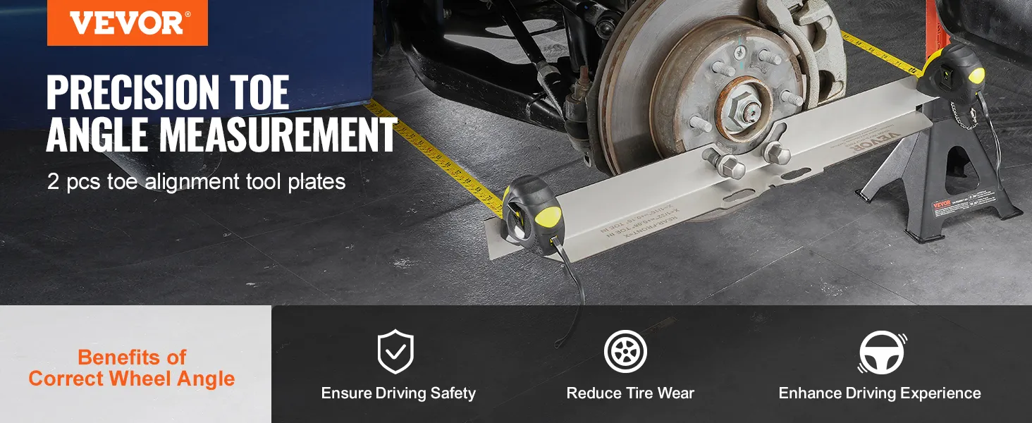 VEVOR wheel alignment tool measuring toe angle on a wheel with benefits of correct wheel angle displayed.