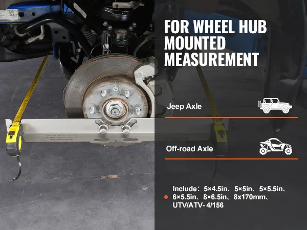 VEVOR wheel alignment tool measuring the distance between wheel hubs on a vehicle axle.