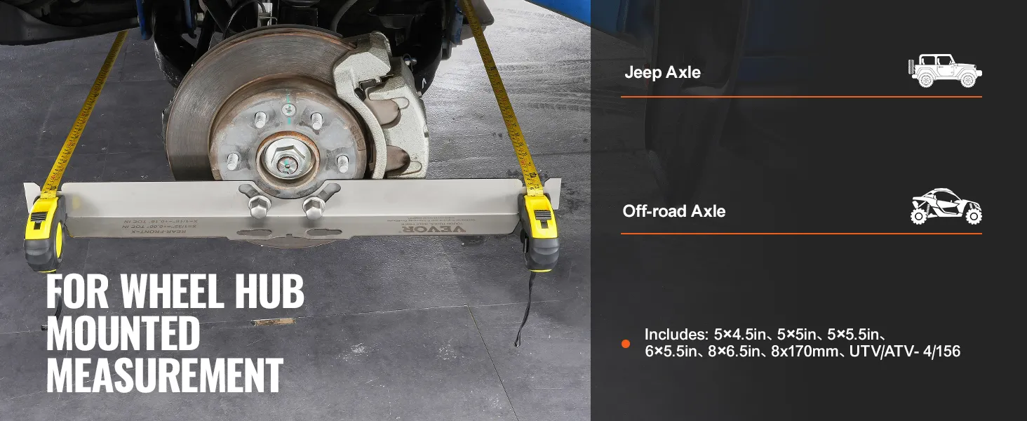 VEVOR wheel alignment tool measuring the distance between wheel hubs on a vehicle axle.