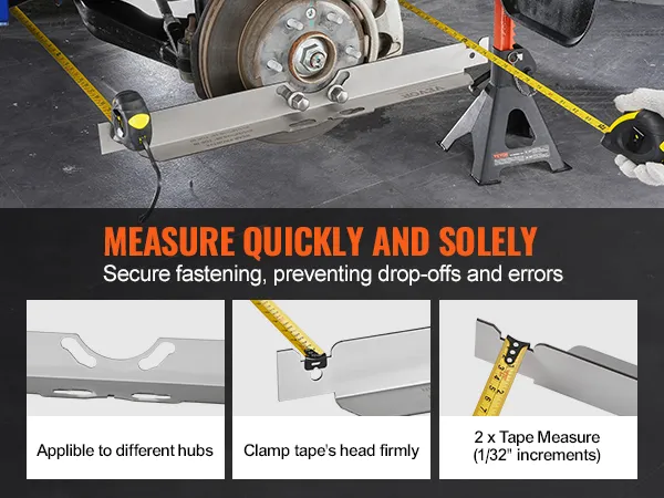 VEVOR wheel alignment tool measuring on car hub with tape measure, showcasing secure fastening features.