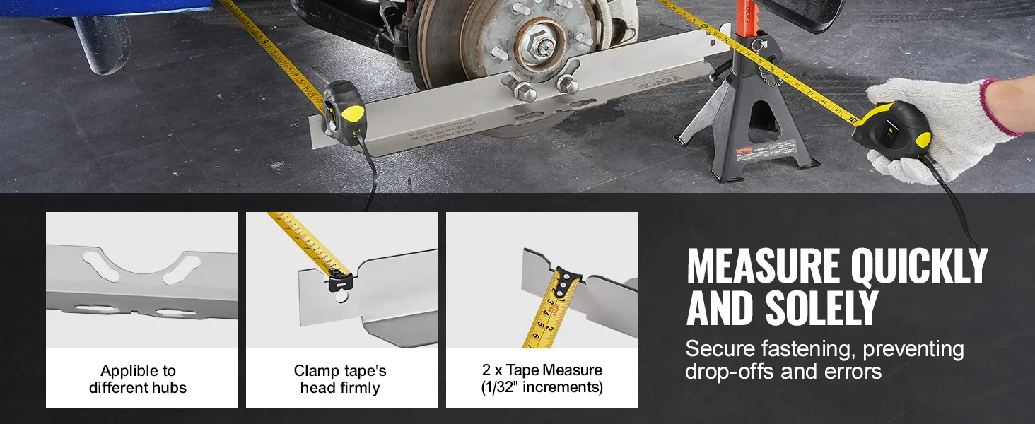 VEVOR wheel alignment tool measuring on car hub with tape measure, showcasing secure fastening features.