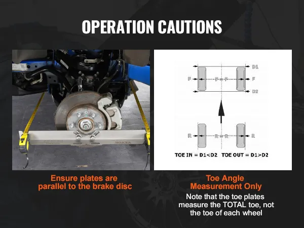 VEVOR wheel alignment tool in use with toe angle measurements and brake disc alignment cautions.