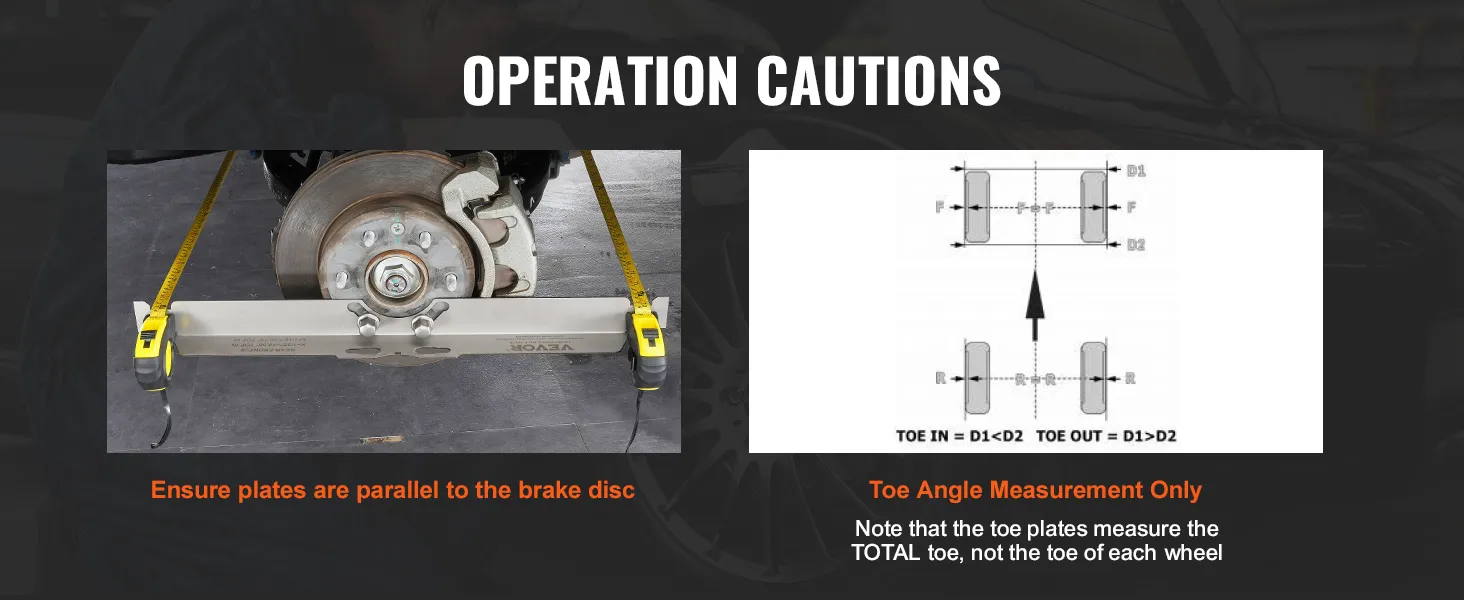VEVOR wheel alignment tool in use with toe angle measurements and brake disc alignment cautions.