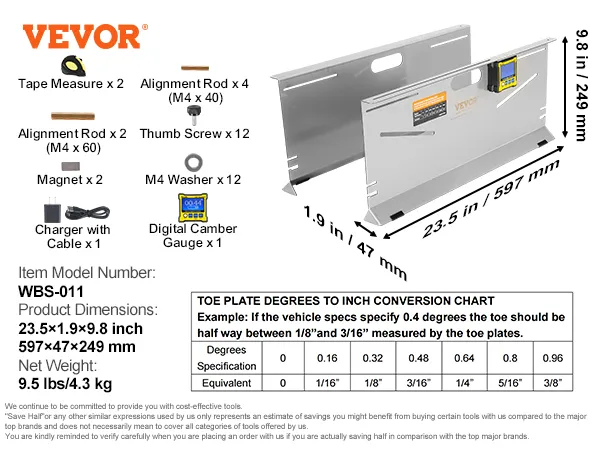 Herramienta de alineación de ruedas VEVOR con dimensiones 23,5x1,9x9,8 pulgadas, incluye cintas métricas, varillas, tornillos, arandelas.
