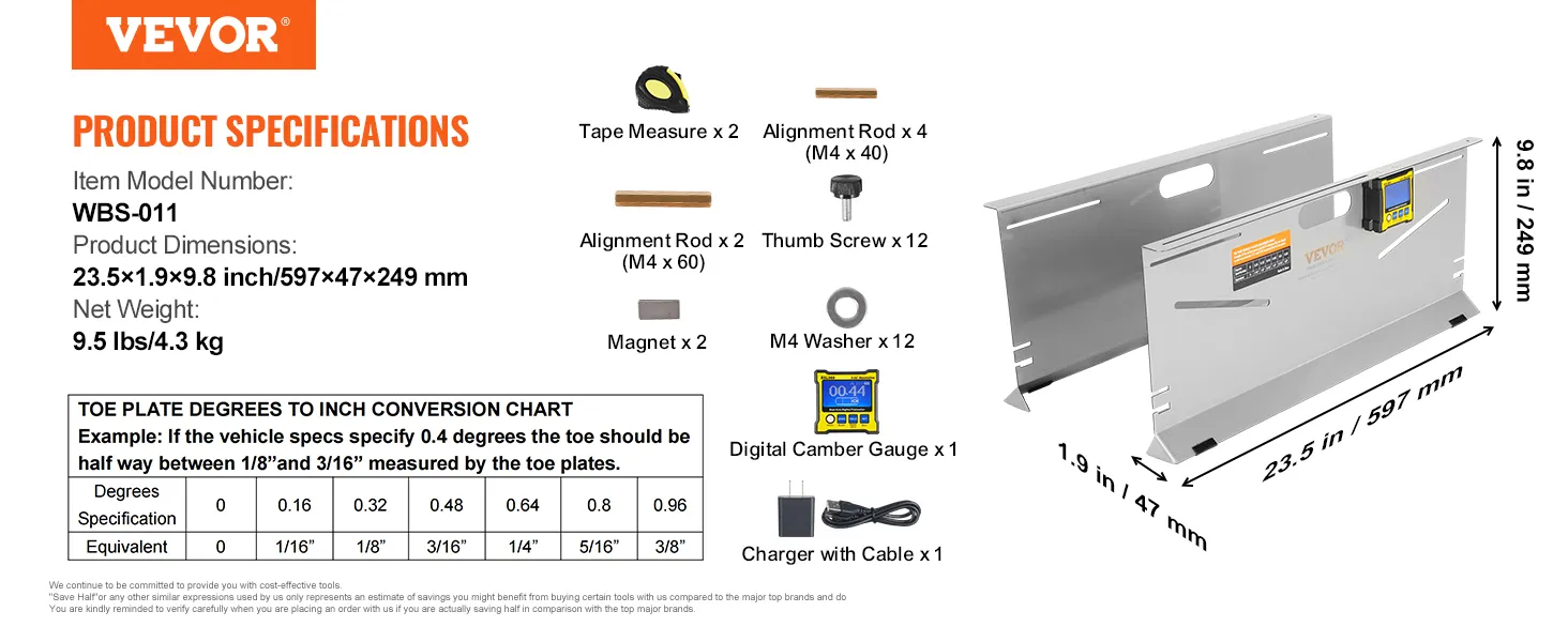 Herramienta de alineación de ruedas VEVOR con dimensiones 23,5x1,9x9,8 pulgadas, incluye cintas métricas, varillas, tornillos, arandelas.