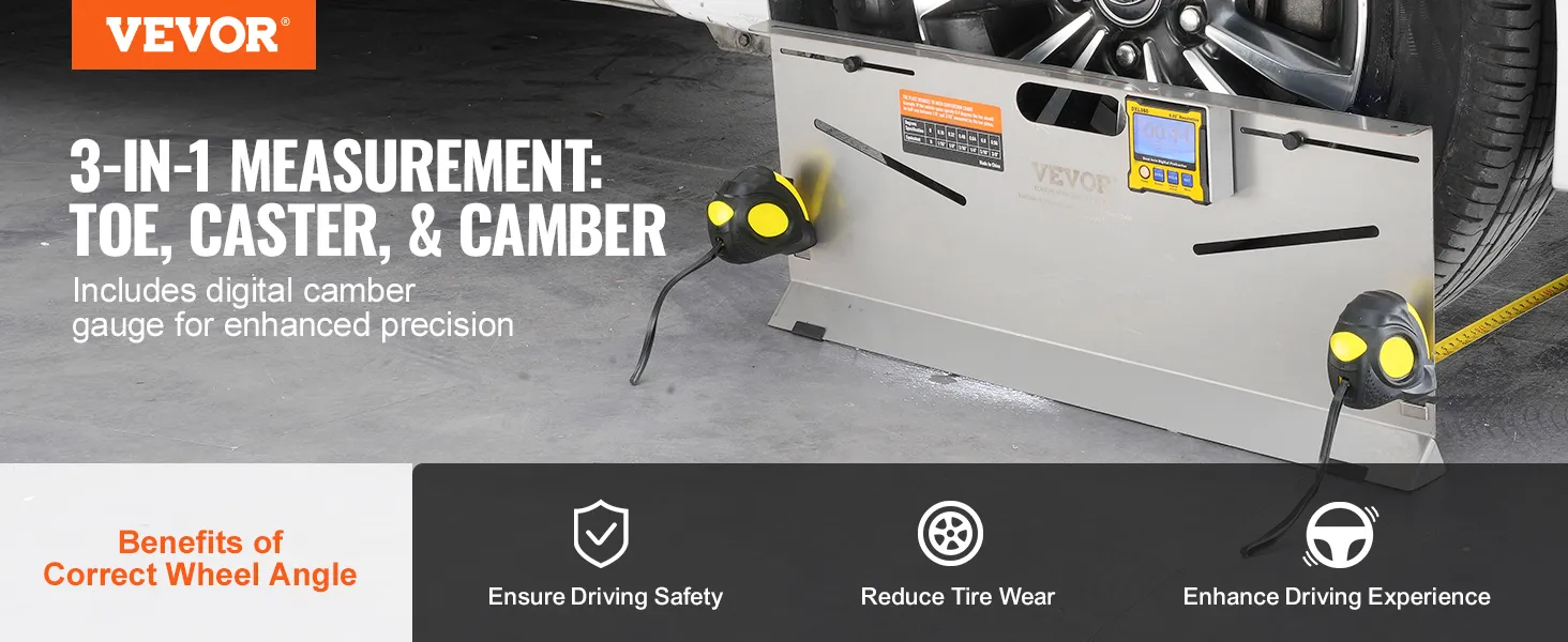Herramienta de alineación de ruedas VEVOR con medidor de inclinación digital para mediciones precisas de convergencia, avance y caída.