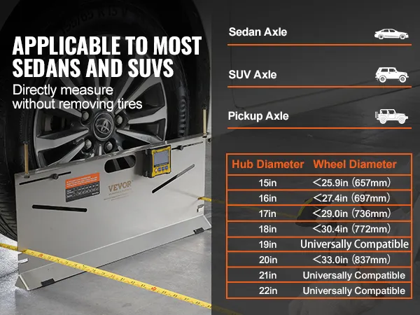 Herramienta de alineación de ruedas VEVOR que mide un neumático de sedán, compatible con la mayoría de los sedanes y SUV.
