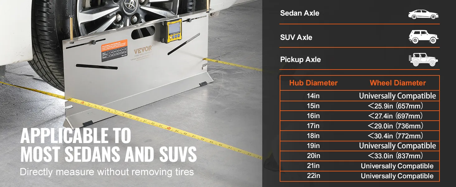 Herramienta de alineación de ruedas VEVOR que mide un neumático de sedán, compatible con la mayoría de los sedanes y SUV.