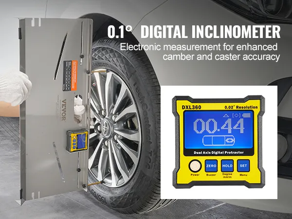 Herramienta de alineación de ruedas VEVOR utilizada para medir la inclinación y el avance mediante un inclinómetro digital.