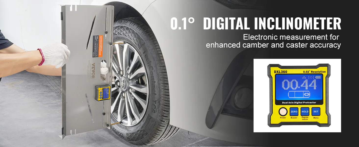Herramienta de alineación de ruedas VEVOR utilizada para medir la inclinación y el avance mediante un inclinómetro digital.