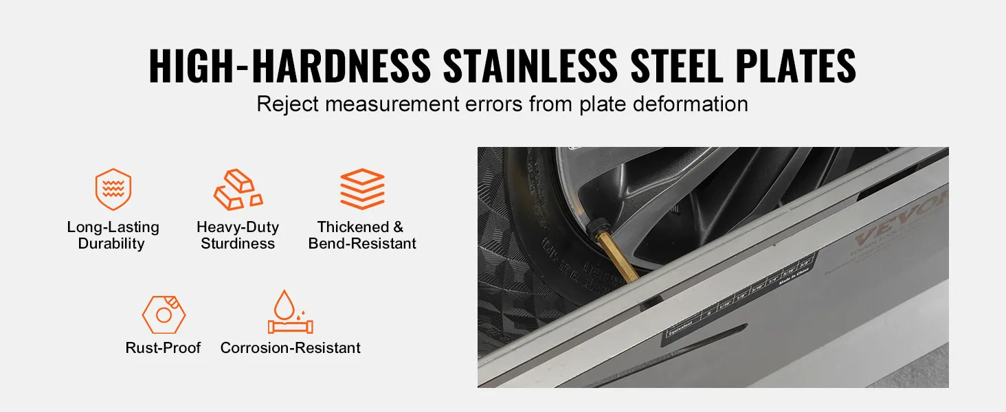Herramienta de alineación de ruedas VEVOR con placas de acero inoxidable de alta dureza para mayor durabilidad y precisión.