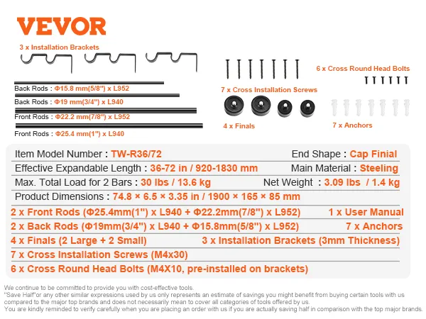 VEVOR curtain rods set with cap finial, expandable 36-72 in, includes brackets, screws, and anchors.