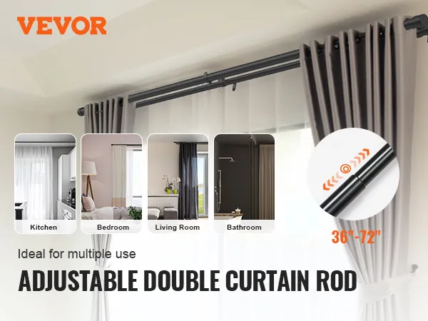 VEVOR adjustable double curtain rod for kitchen, bedroom, living room, and bathroom; extends 36"-72".