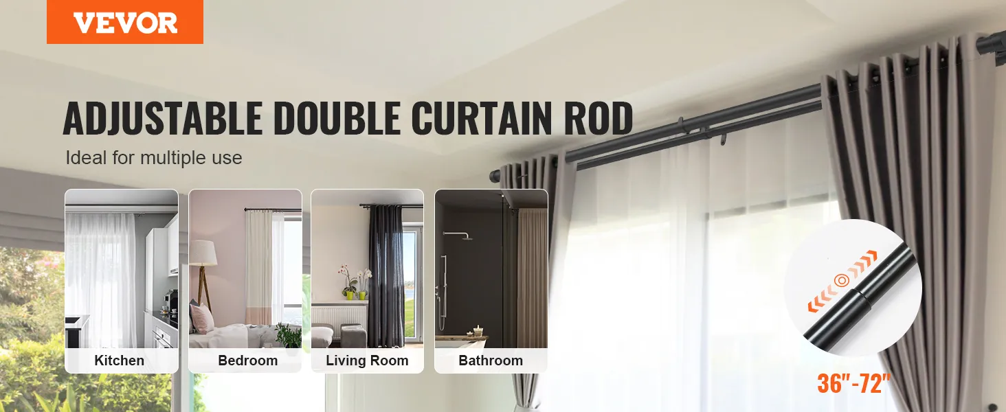 VEVOR adjustable double curtain rod for kitchen, bedroom, living room, and bathroom; extends 36"-72".