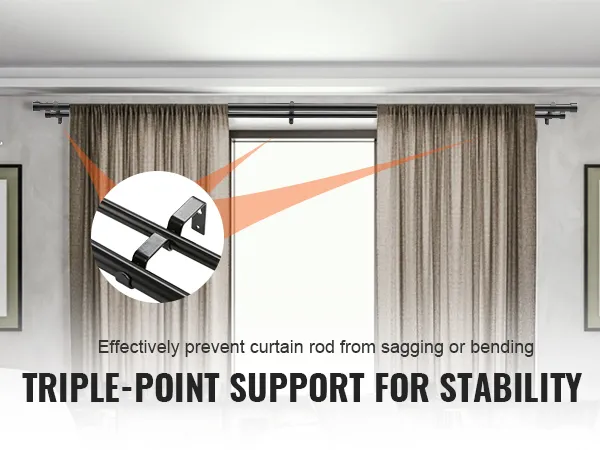 triple-point support VEVOR curtain rods for stability and prevention of sagging in modern living room.