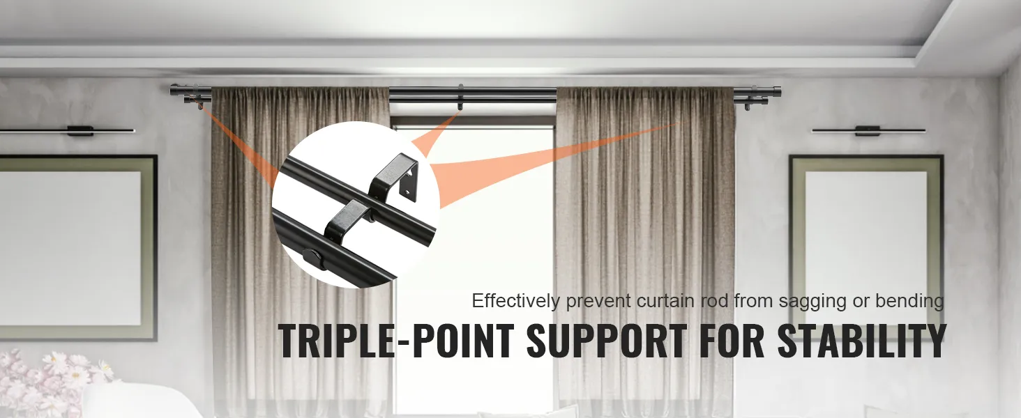 triple-point support VEVOR curtain rods for stability and prevention of sagging in modern living room.
