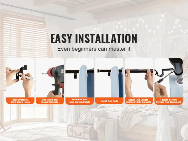 easy installation process for VEVOR curtain rods with steps from placing brackets to final adjustments.