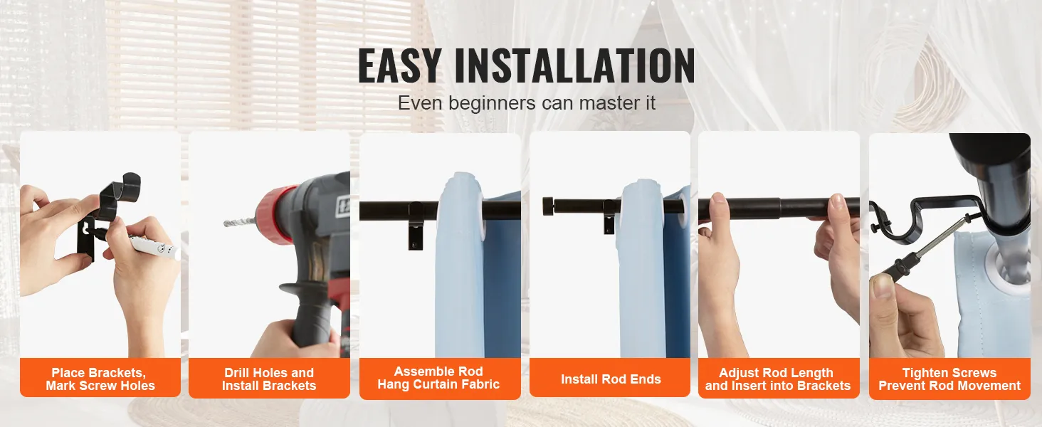 easy installation process for VEVOR curtain rods with steps from placing brackets to final adjustments.
