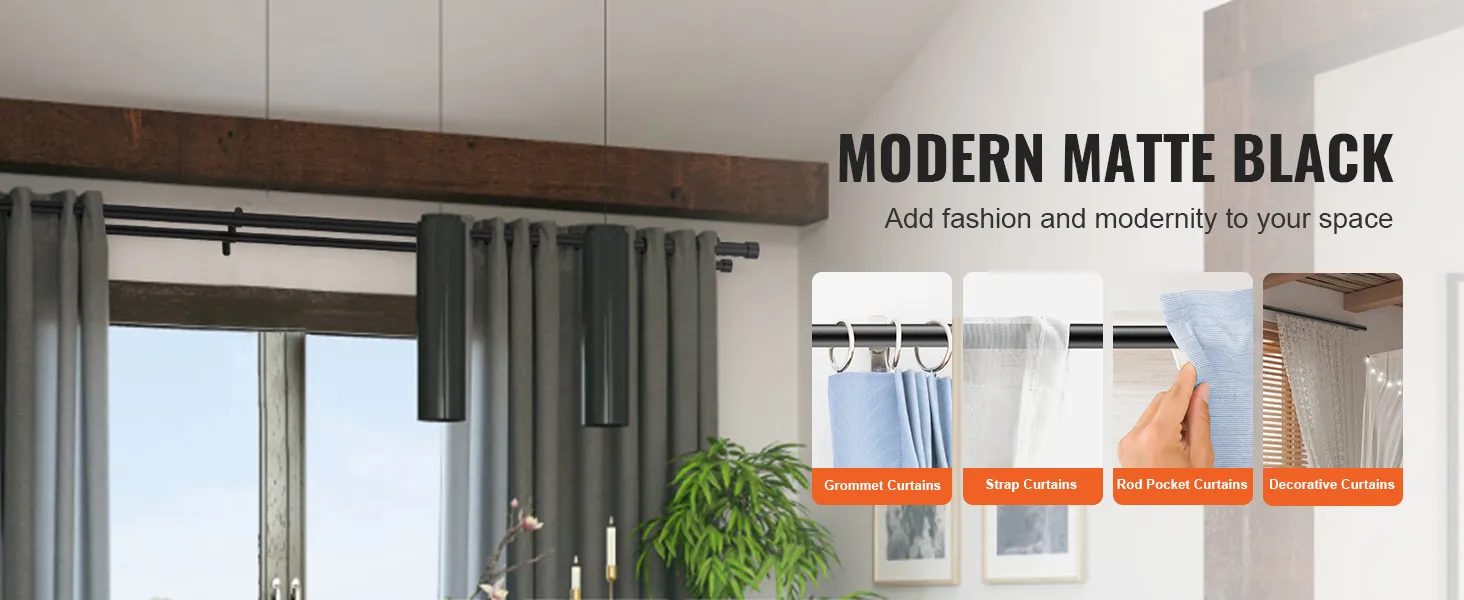 modern matte black VEVOR curtain rods with grommet, strap, rod pocket, and decorative curtains.
