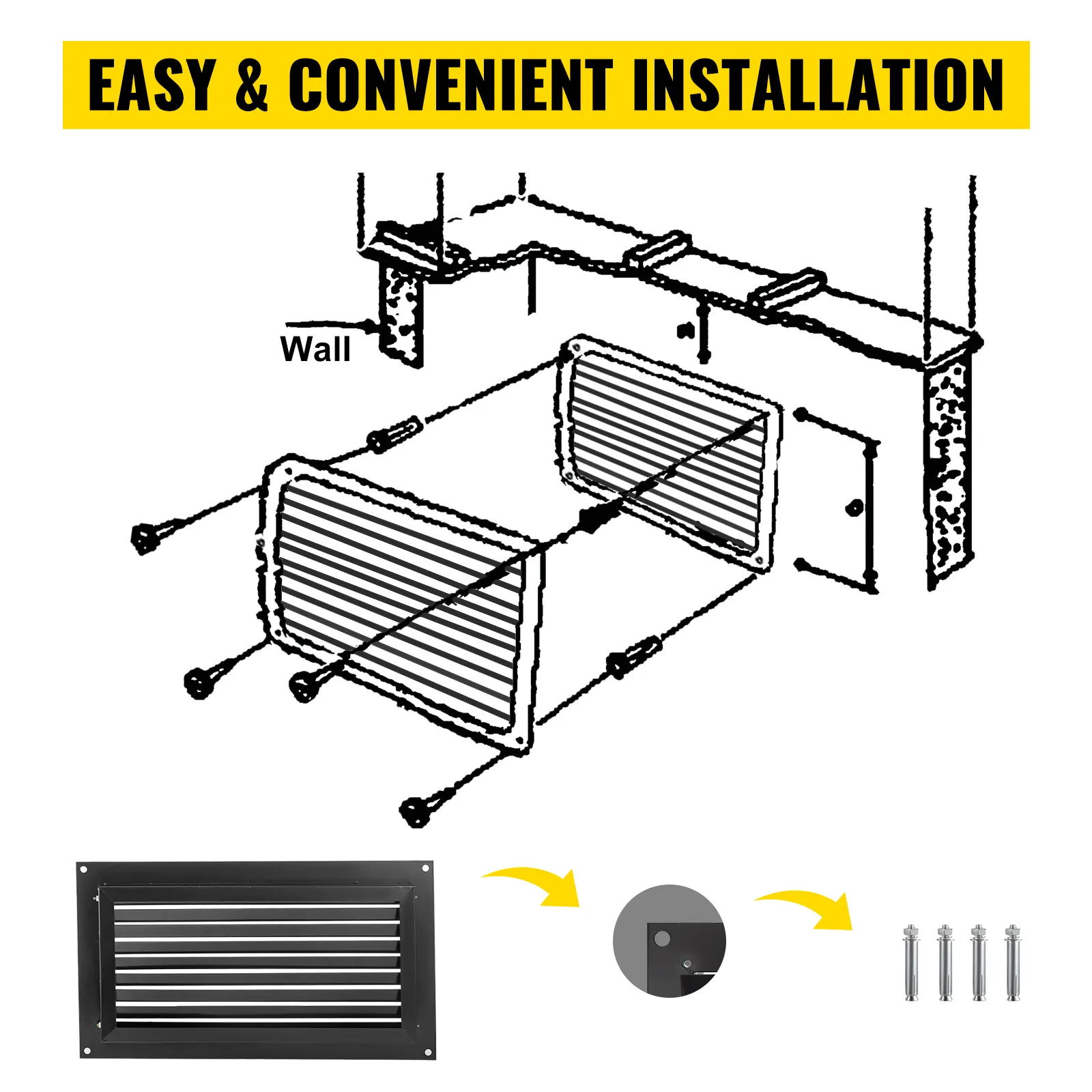 Diagrama de fácil instalación para ventilación por inundación VEVOR con piezas de montaje.
